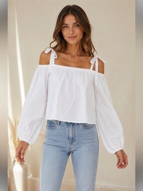 Haute Rogue White Cotton Off Shoulder Tie Strap Puff Sleeve Blouse Size Small